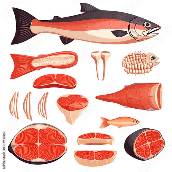 Fototapeta salmon in various forms and production processes, from raw cuts and packaging to cooking, serving, and seafood industry scenes. Generative AI Illustration