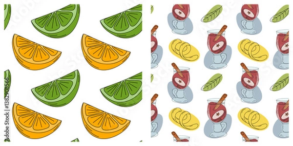 Fototapeta Orange Lime slices Pop Art Mulled wine Glass Cinnamon stick leaves fruit zest Seamless Pattern Set 2