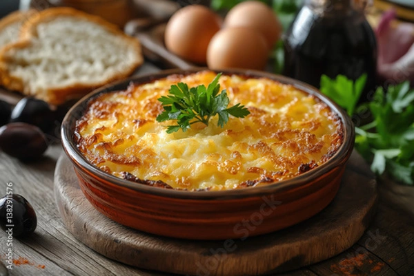 Fototapeta Portuguese Bacalhau com Natas – Creamy Baked Cod with Potatoes, Onions, and Golden Cheese Topping