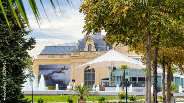Fototapeta Baden, AUSTRIA. October 26, 2024. Casino Baden in Baden, Austria. This is one of largest casinos in central Europe, opened in 1934. View of casino from Kurpark. Mobile photo