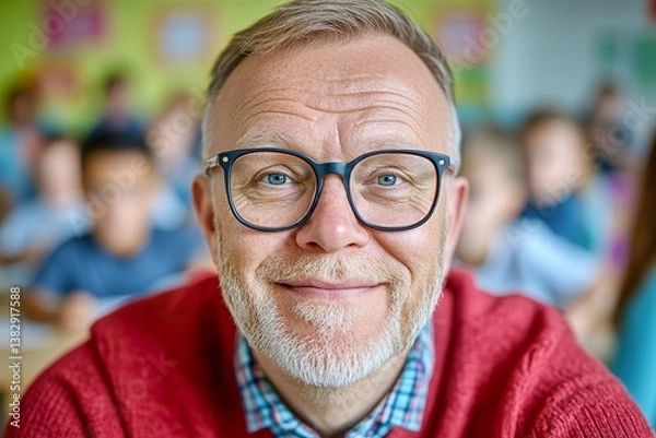 Obraz Portrait of smiling teacher with learning students on background 