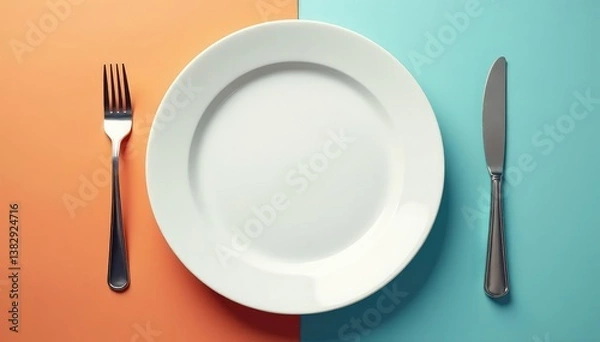 Fototapeta Empty plate with fork and knife, signifying abstinence , fork, fasting, knife