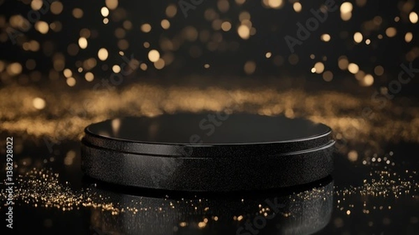 Fototapeta Elegant black pedestal with golden bokeh background for showcasing products, awards, jewelry, or branding elements in luxurious settings