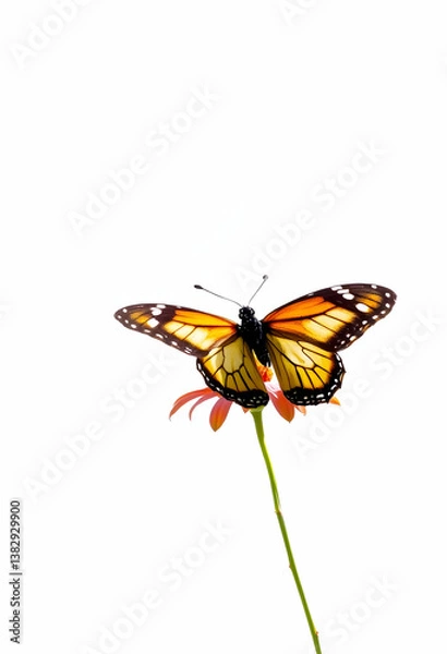 Fototapeta Butterfly Resting on Flower with Open Wings on White Background