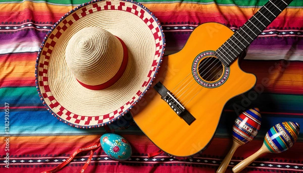 Fototapeta Sombrero, guitar, and maracas on colorful Mexican blanket
