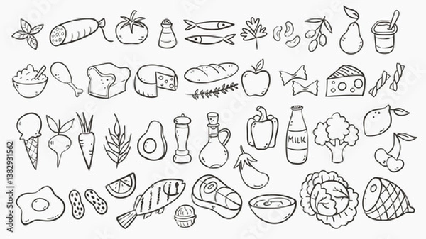 Fototapeta Cute hand-drawn food ingredients doodle icon set, perfect for decorating surfaces, cooking recipes, prints and crafting projects. A total of 42 designs. Vector illustration.
