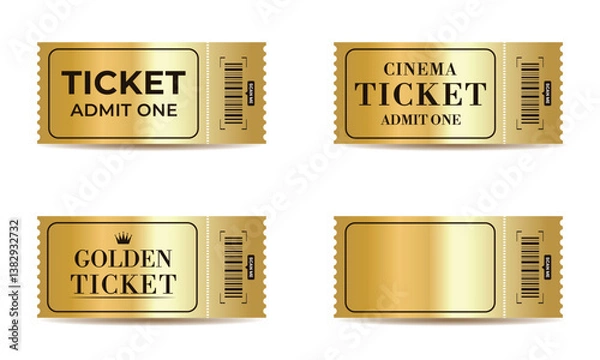 Obraz Set of templates of golden tickets to cinema, theater, concert, theatre with barcode. Isolated vector ticket on white background