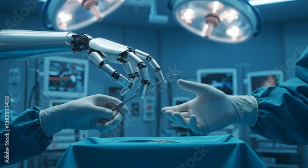 Fototapeta Surgical Robot Hand Passing Instrument to Human in Operating Room.
