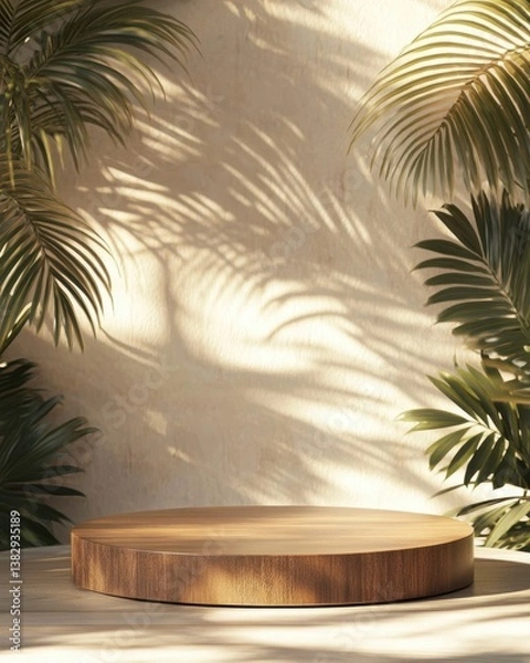 Fototapeta Wooden Display Round Platform Surrounded by Tropical Greenery and Soft Natural Light Creating an Inviting Atmosphere for Product Showcase