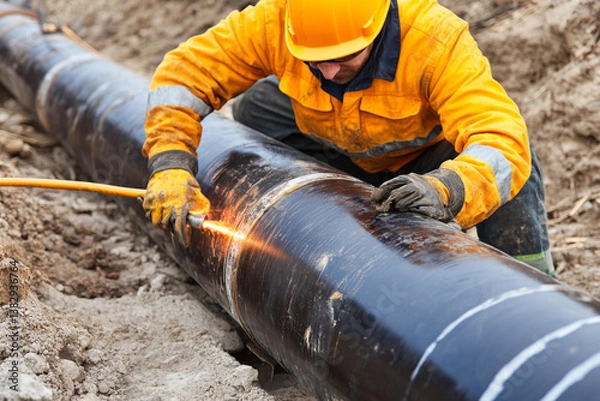 Fototapeta Worker applying heat with a blowtorch on a large pipeline during daylight in an industrial excavation site