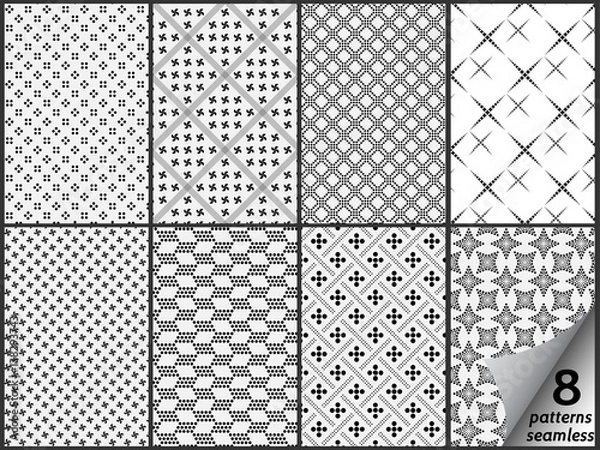 Fototapeta set of eight monochrome seamless patterns.