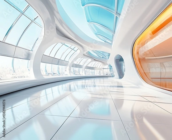 Fototapeta Abstract white interior background with a curved tunnel in a futuristic building, a 3D illustration of modern architectural design