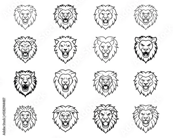 Fototapeta Set of angry lion head vector illustration design