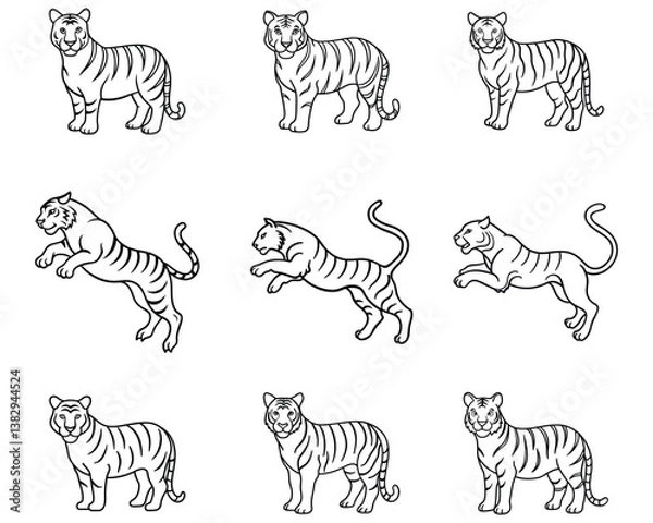 Fototapeta set of Tiger hand drawing line art vector illustration design