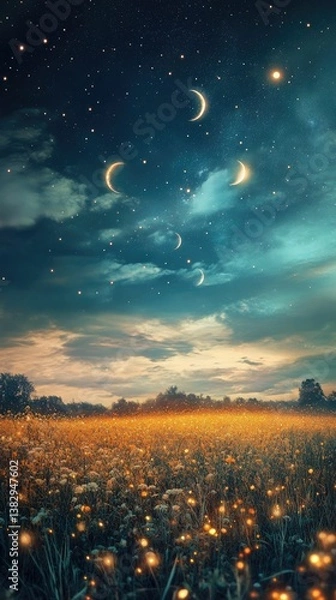 Obraz Magical field glowing fireflies crescent moons starry night