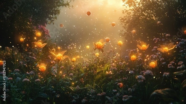 Fototapeta Magical glowing flowers illuminate enchanted forest.