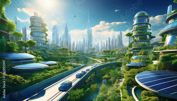 Fototapeta Solar-Powered Smart City – A futuristic city with buildings covered in solar panels and smart roads