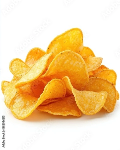 Fototapeta Golden potato chips pile on white background close up studio shot crispy snack delicious appetizer salty flavor crunchy texture fast food junk food unhealthy eating