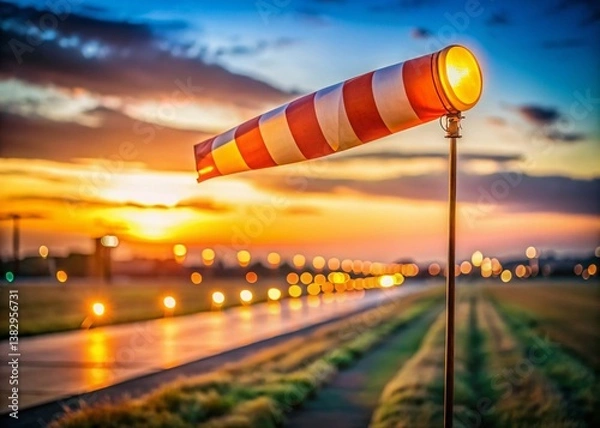 Fototapeta Windsock Flight Indicator: Bokeh Background, Sharp Focus on Colorful Windsock Showing Wind Direction and Strength
