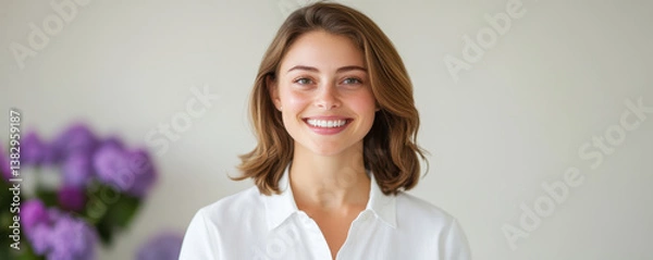 Obraz cheerful woman with warm smile stands in bright setting, wearing white shirt. background features soft purple flowers, adding touch of color and warmth to scene