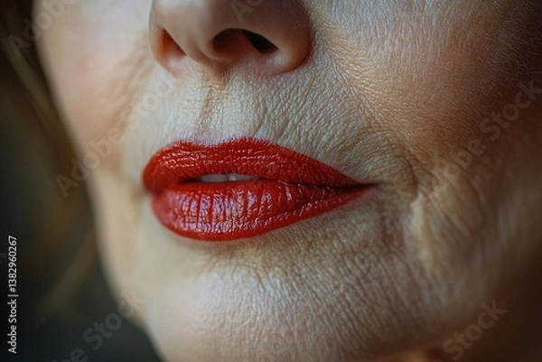 Fototapeta Close-up of elderly woman lips with wrinkles and engraved skin lines. Beauty skin texture detail. Copy space