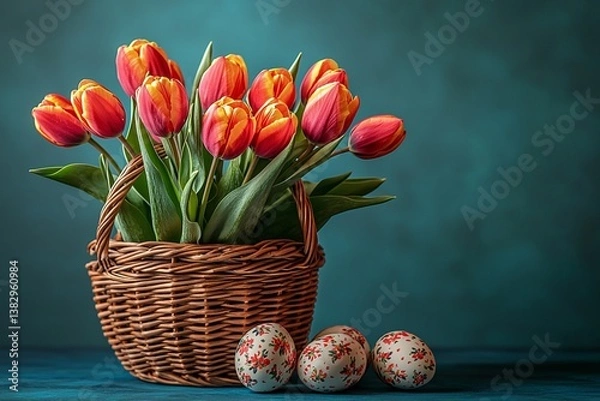 Fototapeta Easter eggs in a mini basket with tulips on a blue background, a banner for web design or print poster template