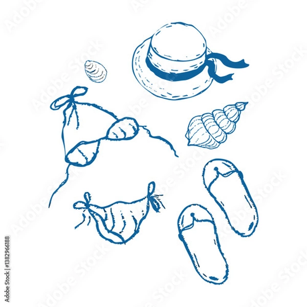 Obraz Summer seashore sea tourism, rest sketch drawing. Swimsuit straw hat with ribbon seashell, Line hand drawn beach party elements. Vacation doodle tropical print.