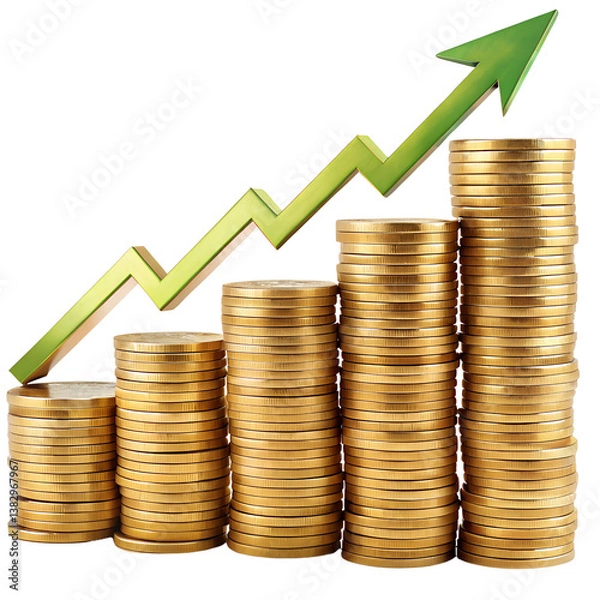 Fototapeta Golden coins stacked with a rising graph showing financial growth and investment success