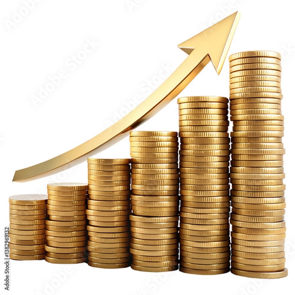 Fototapeta Golden coins stacked with a rising graph showing financial growth and investment success