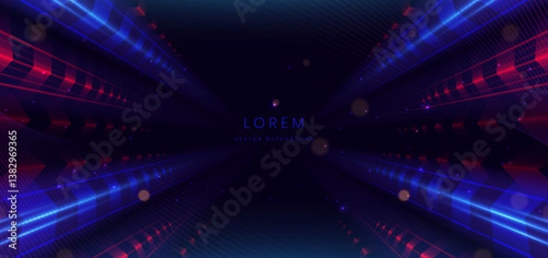 Obraz Abstract technology futuristic arrow glowing blue and red diagonal light lines. Speed motion blur effect on dark blue background.