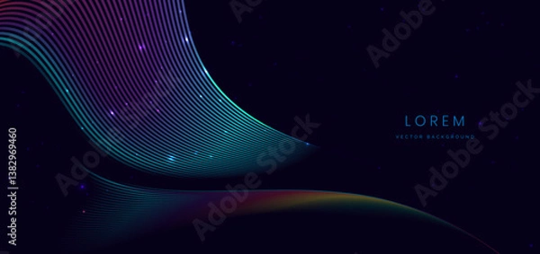 Fototapeta Colorful wave lines on dark blue background with lighting effect sparkle.