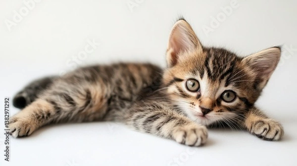 Obraz Adorable tabby kitten resting on a white surface with a soft and gentle gaze captivating playful mood bright background and close up shot