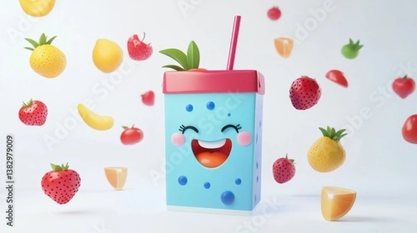 Fototapeta Happy Cartoon Juice Box Surrounded by Colorful Fresh Fruits and Bubbles in a Light Background