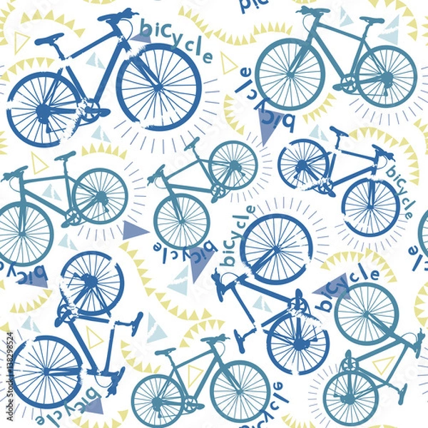 Fototapeta Abstract seamless pattern with bicycles. Walking cycling. Cycling. Fashion trend pattern on the fabric. Print with bicycles.