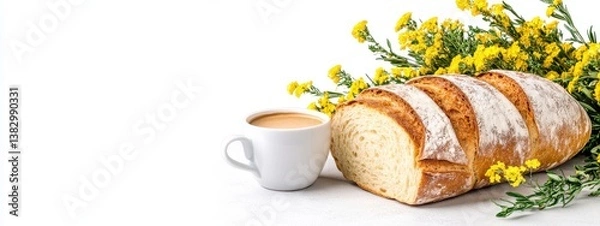 Obraz Sweet Bread Loaf Coffee and Yellow Flowers Still Life