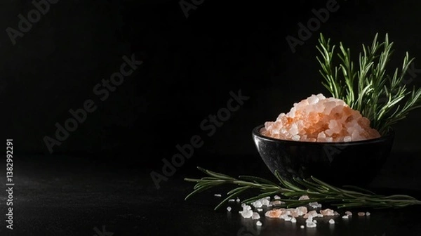 Obraz A still life of Himalayan salt and fresh rosemary, elegantly arranged, isolated on black