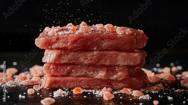 Obraz A stack of raw steak cuts with pink Himalayan salt sprinkled on top, food photography