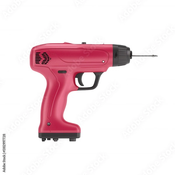 Fototapeta A modern red cordless drill against a white isolated background, showcasing its ergonomic design and innovative features, perfect for various DIY projects and professional use.