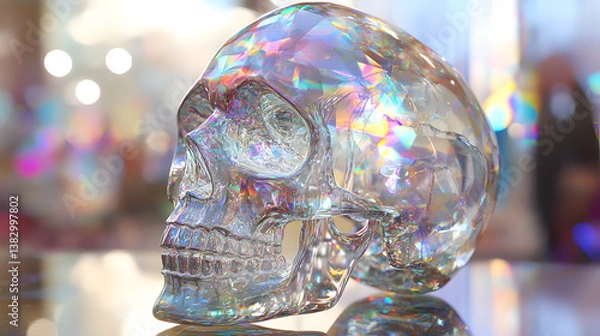 Fototapeta A highly detailed crystal skull with fractal patterns and holographic reflections, set against a digital glitch backdrop