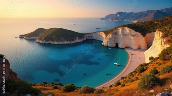 Fototapeta Stunning Porto Katsiki, Greece at dawn under hot, sunny summer conditions, shot from a panoramic perspective.