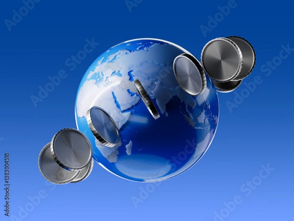 Obraz Online money transaction around world, business, mobile banking, mobile payments. Earth globe, euro and american dollars usd banknote planes isolated on blue background, money exchange 3d render icon