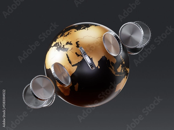 Obraz Online money transaction around world, business, mobile banking, mobile payments. Earth globe, euro and american dollars usd banknote planes isolated on blue background, money exchange 3d render icon