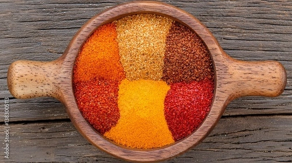 Fototapeta Vibrant Spices in Rustic Wooden Bowl on Weathered Wood