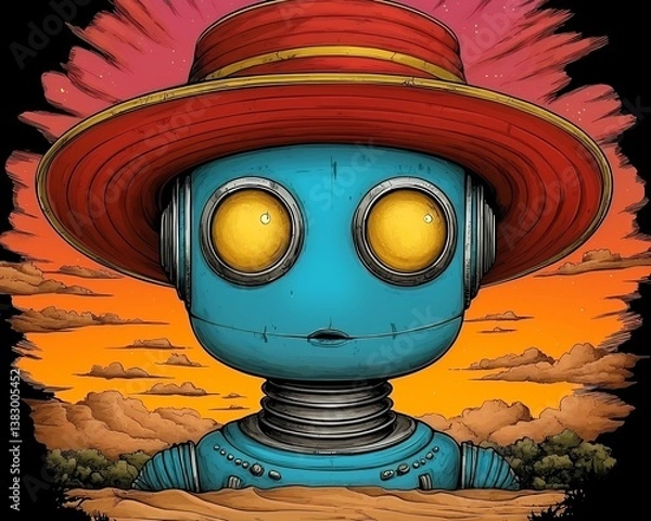 Fototapeta Whimsical Teal Robot in Red Hat at Sunset