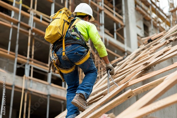 Fototapeta Construction worker climbs a roof structure while operating a crane at a busy construction site in afternoon light
