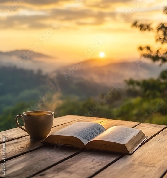 Fototapeta An open book and a cup of coffee on the table against a background with a beautiful landscape, a sunrise in a mountain valley, and a blurred natural scenery