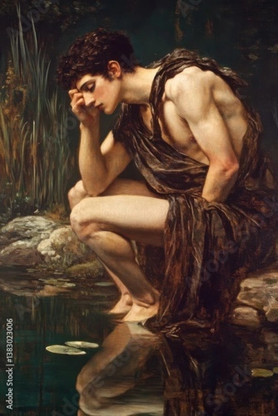 Fototapeta Narcissus gazing at his reflection in a serene natural setting with Echo in the background