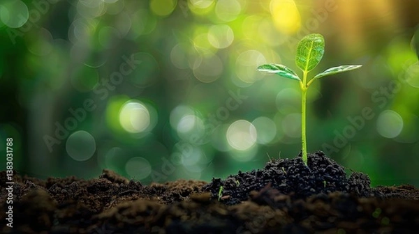Fototapeta A small green sprout grows from the black soil