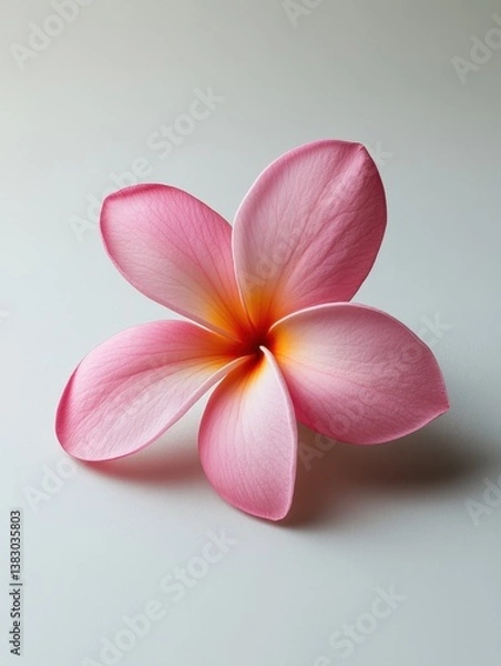 Obraz Delicate pink plumeria flower with vibrant yellow center on a serene light gray background capturing the essence of tropical beauty
