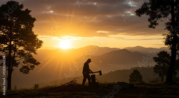 Fototapeta A silhouette of a man with a cap and dark clothes chopping wood with an axe on top of a mountain at sunset